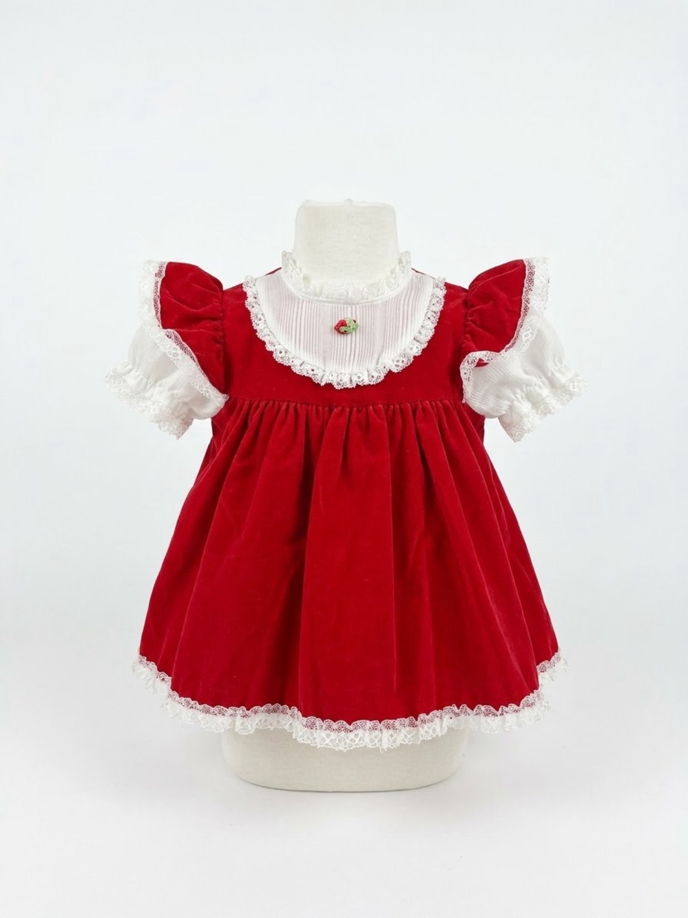 Children's Red Velvet Dress with White Lace Collar